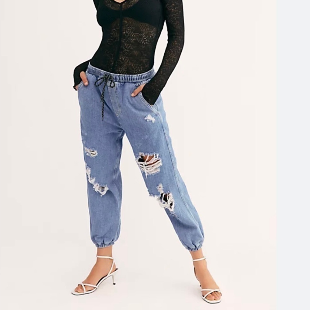 Free People Womens Sloane Destructed Denim High Rise Jogger Jeans Sz Medium Blue